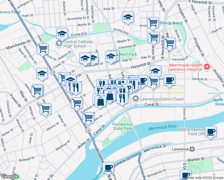 map of restaurants, bars, coffee shops, grocery stores, and more near in Lawrence
