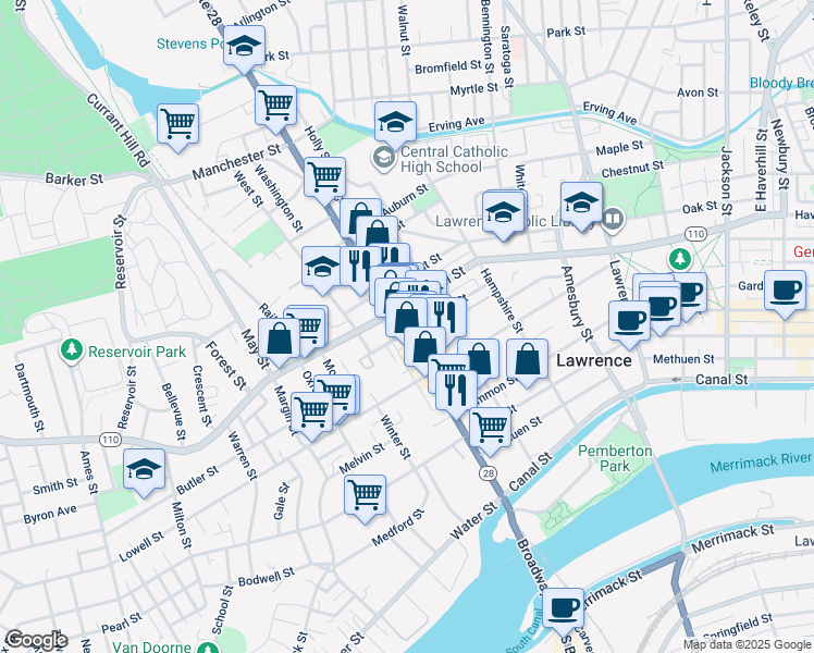 map of restaurants, bars, coffee shops, grocery stores, and more near 235 Broadway in Lawrence