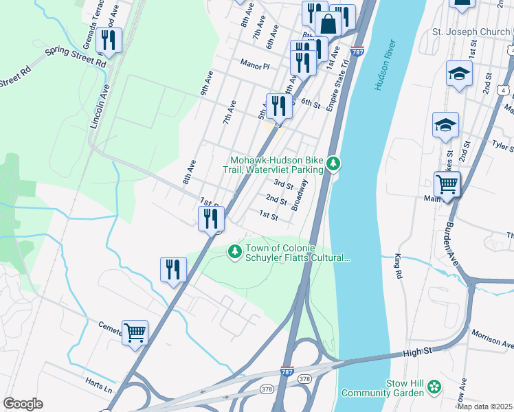 map of restaurants, bars, coffee shops, grocery stores, and more near 127 1st Street in Watervliet