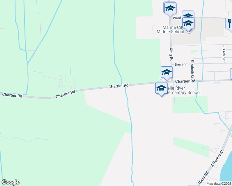 map of restaurants, bars, coffee shops, grocery stores, and more near 3728 Chartier Road in Township of Cottrellville