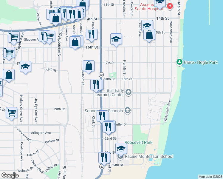 map of restaurants, bars, coffee shops, grocery stores, and more near 1840 Howe Street in Racine