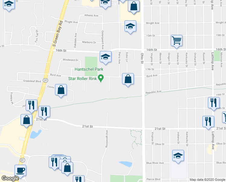 map of restaurants, bars, coffee shops, grocery stores, and more near 1857 Roosevelt Avenue in Racine