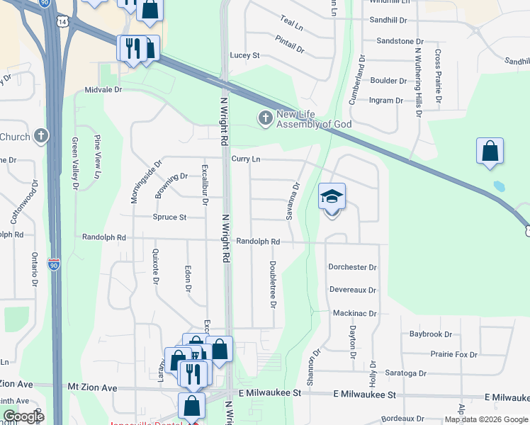 map of restaurants, bars, coffee shops, grocery stores, and more near 3801 Amber Lane in Janesville