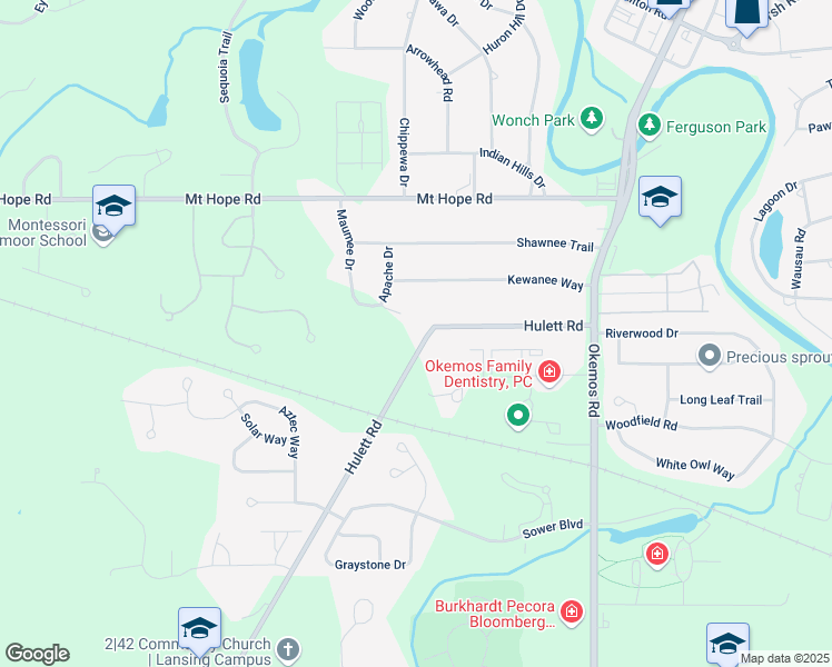 map of restaurants, bars, coffee shops, grocery stores, and more near 2410 Hulett Road in Meridian charter Township