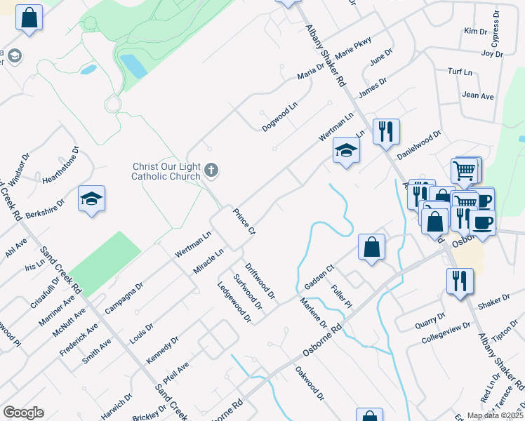 map of restaurants, bars, coffee shops, grocery stores, and more near 49 Miracle Lane in Albany