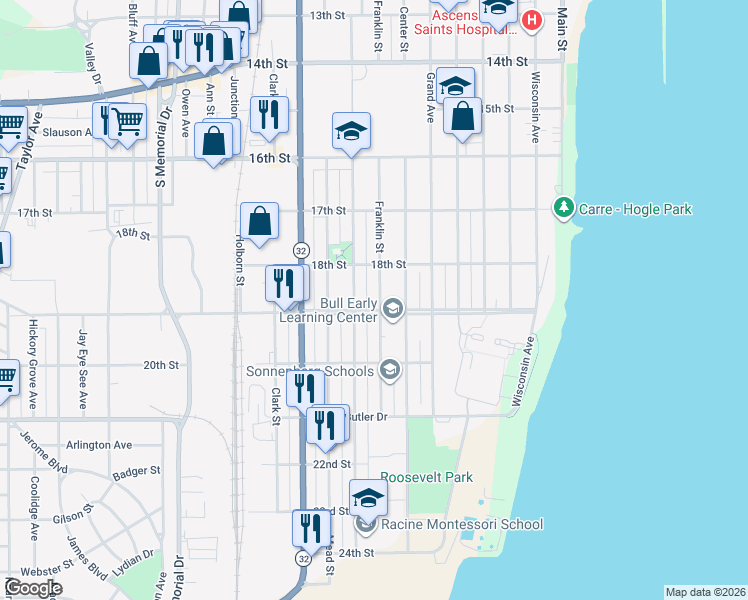 map of restaurants, bars, coffee shops, grocery stores, and more near 1836 Franklin Street in Racine