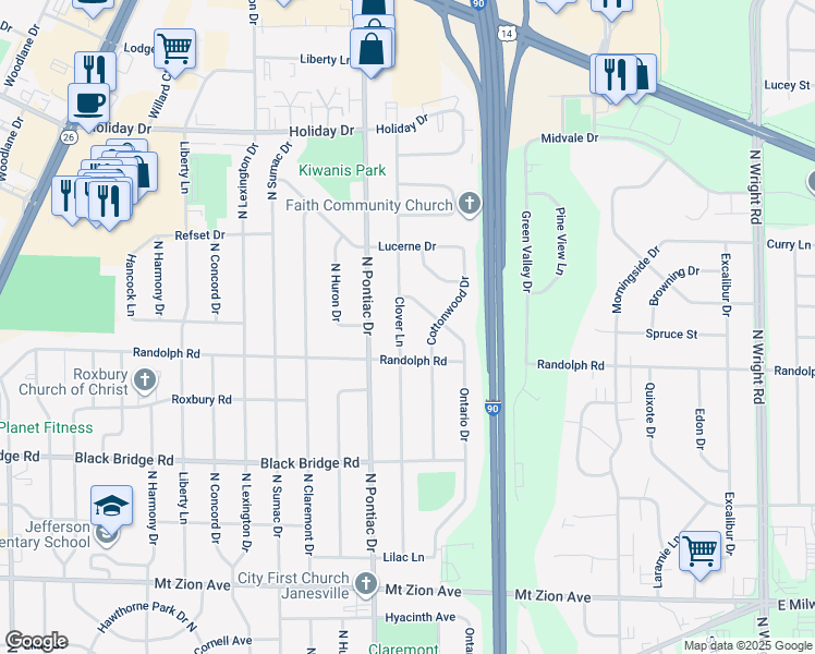 map of restaurants, bars, coffee shops, grocery stores, and more near 2026 Clover Lane in Janesville