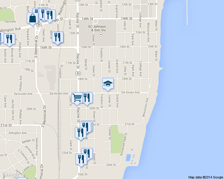 map of restaurants, bars, coffee shops, grocery stores, and more near 1839 Center Street in Racine