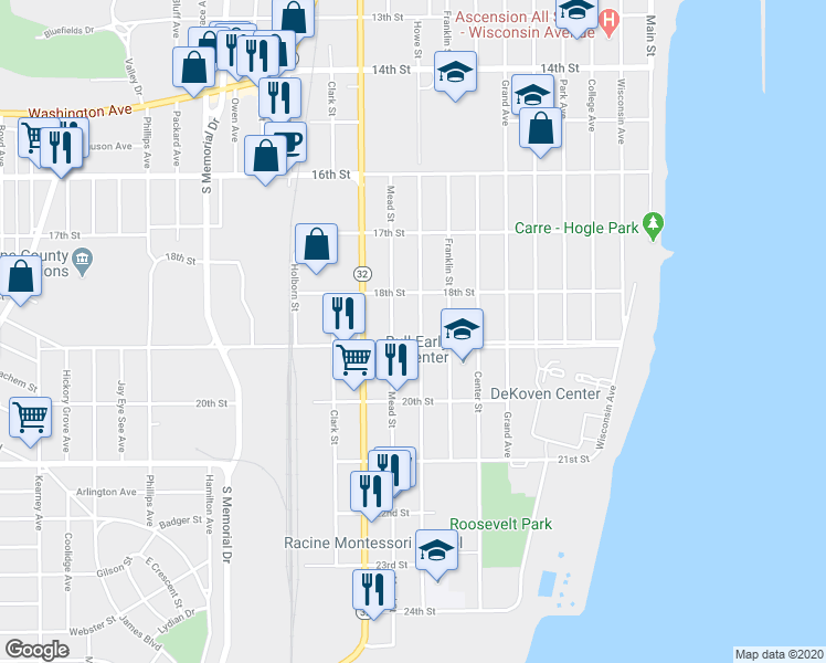 map of restaurants, bars, coffee shops, grocery stores, and more near 1840 Howe Street in Racine