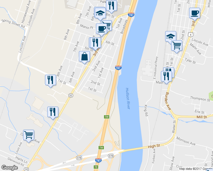 map of restaurants, bars, coffee shops, grocery stores, and more near 200 Broadway in Watervliet