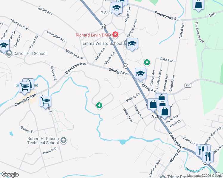 map of restaurants, bars, coffee shops, grocery stores, and more near 25 Heyden Road in Troy