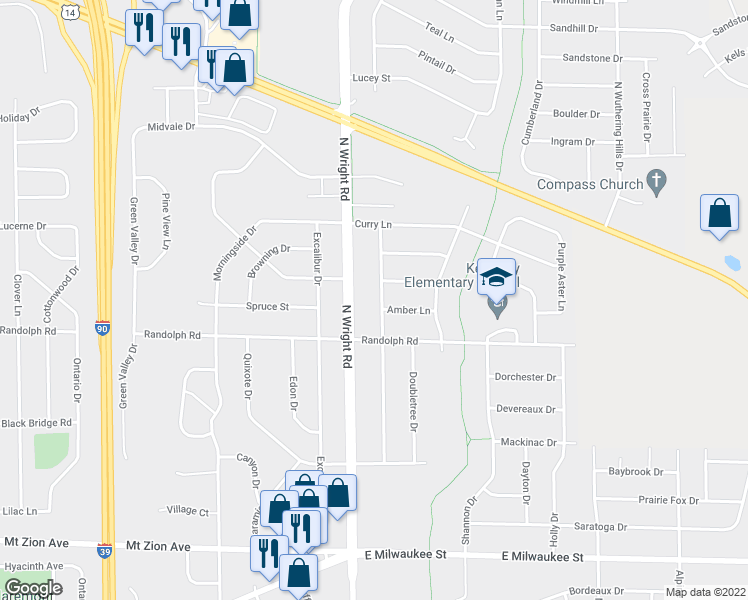 map of restaurants, bars, coffee shops, grocery stores, and more near 2107 Meadowlark Drive in Janesville