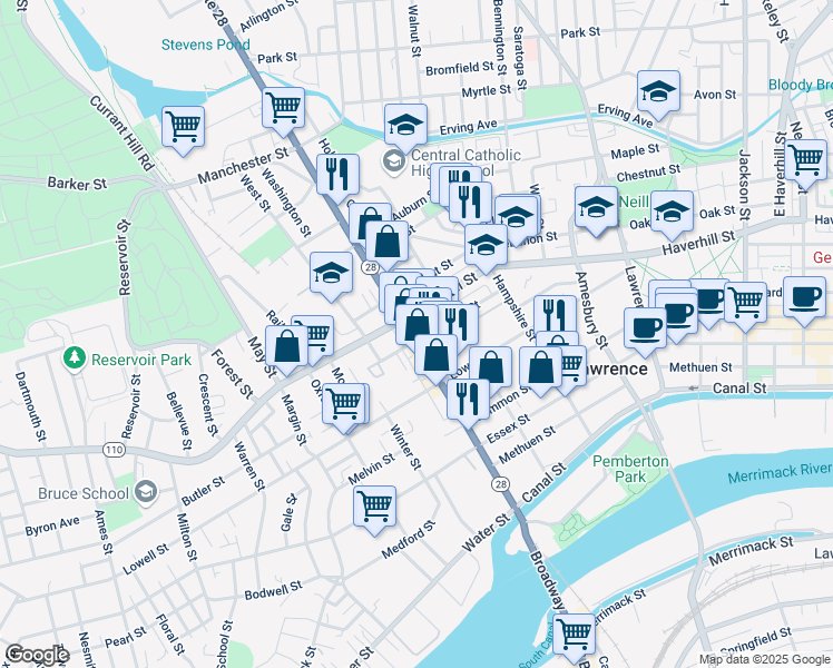 map of restaurants, bars, coffee shops, grocery stores, and more near 235 Broadway in Lawrence