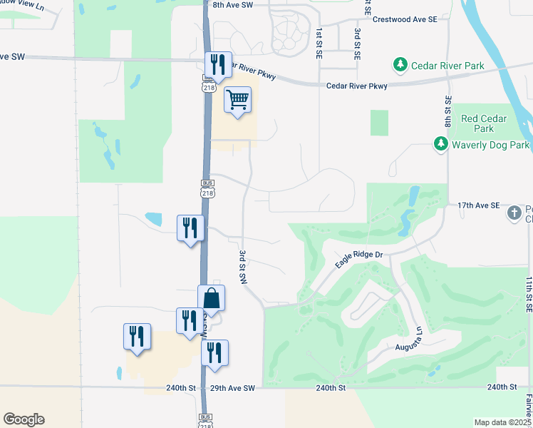 map of restaurants, bars, coffee shops, grocery stores, and more near 105 Flintstone Drive in Waverly