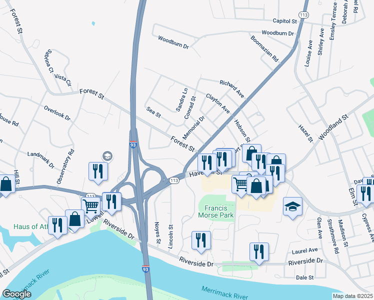 map of restaurants, bars, coffee shops, grocery stores, and more near 34 Forest Street in Methuen