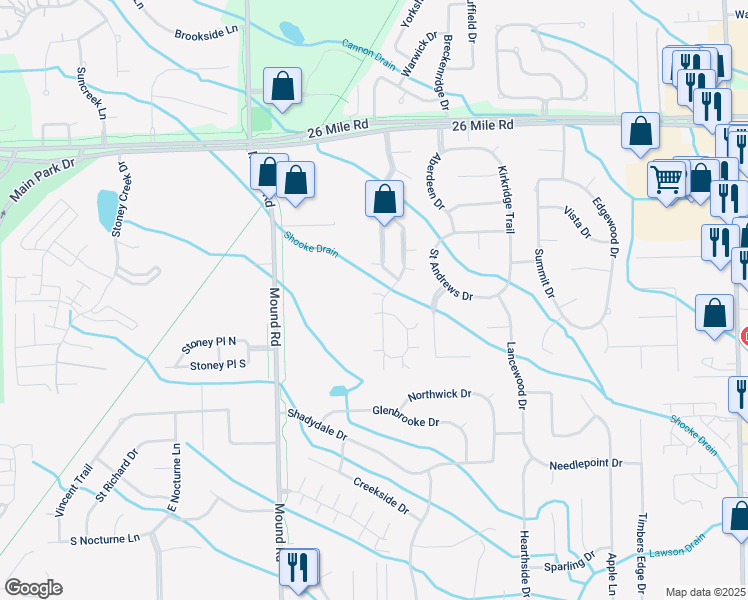 map of restaurants, bars, coffee shops, grocery stores, and more near 24 Chesapeake Trail in Macomb County