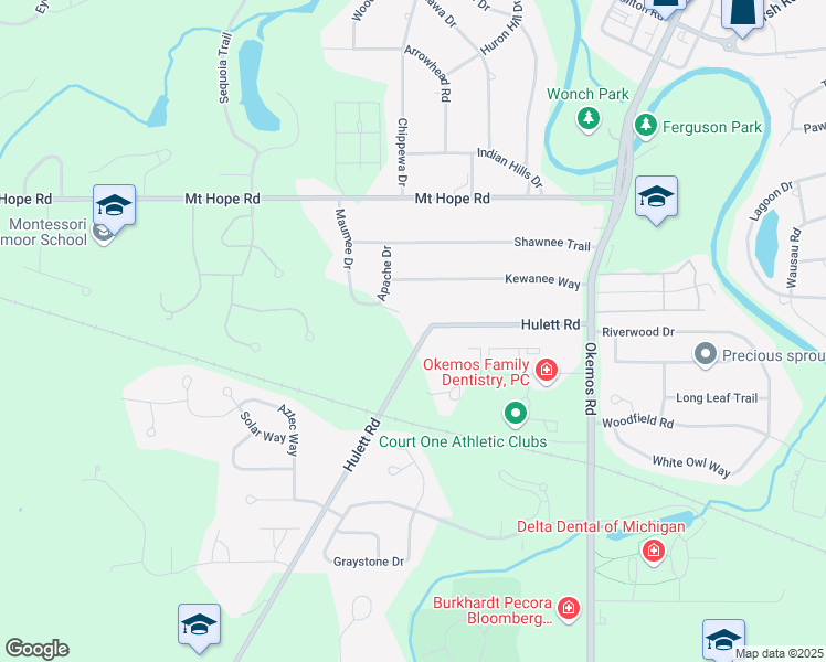 map of restaurants, bars, coffee shops, grocery stores, and more near 2410 Hulett Road in Meridian charter Township