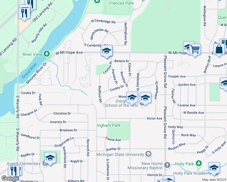 map of restaurants, bars, coffee shops, grocery stores, and more near 2917 Cooley Drive in Lansing