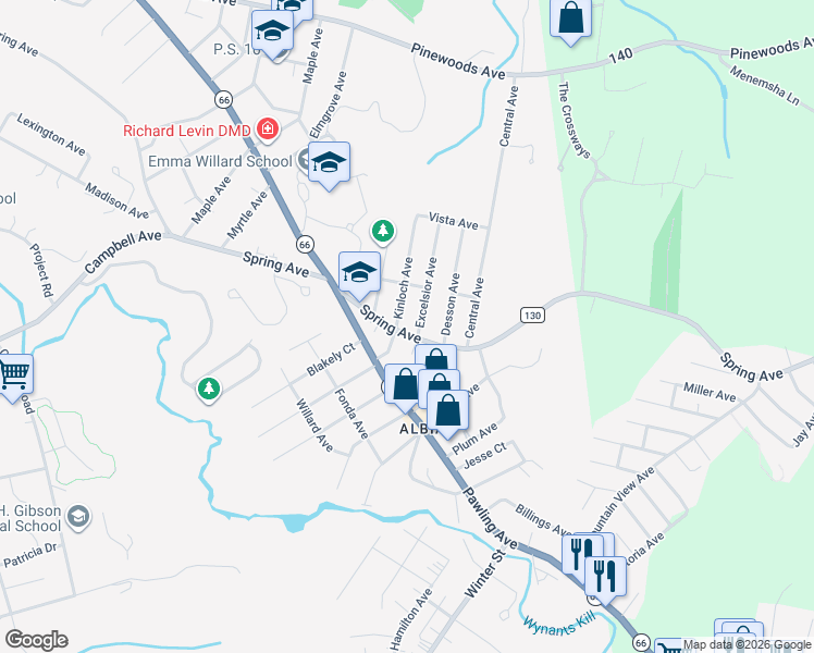 map of restaurants, bars, coffee shops, grocery stores, and more near 325 Spring Avenue in Troy