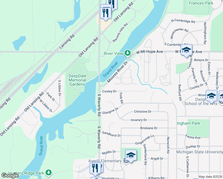 map of restaurants, bars, coffee shops, grocery stores, and more near 3714 Cooley Drive in Lansing