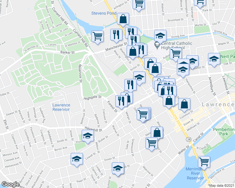 map of restaurants, bars, coffee shops, grocery stores, and more near 41 May Street in Lawrence