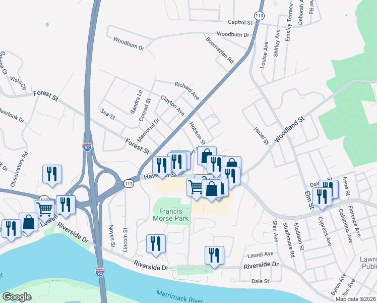 map of restaurants, bars, coffee shops, grocery stores, and more near 44 Newport Street in Methuen