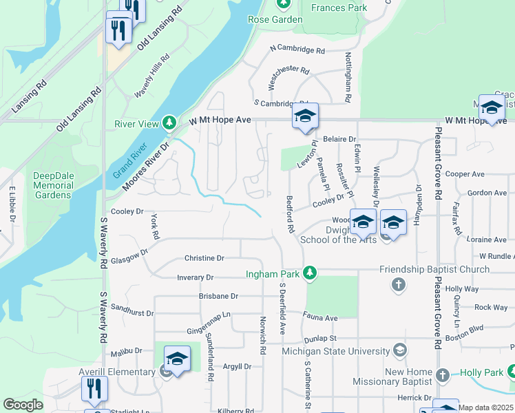 map of restaurants, bars, coffee shops, grocery stores, and more near 2409 Skye Road in Lansing