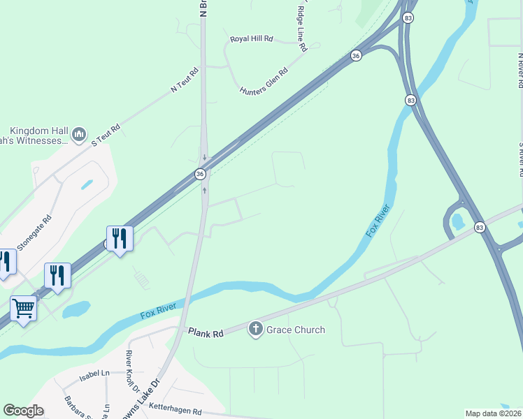 map of restaurants, bars, coffee shops, grocery stores, and more near 2281 Browns Lake Drive in Burlington