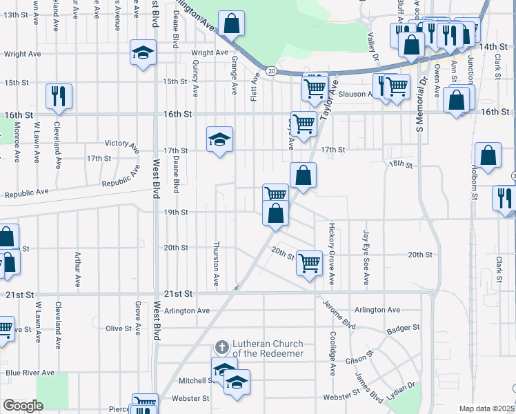map of restaurants, bars, coffee shops, grocery stores, and more near 2510 19th Street in Racine