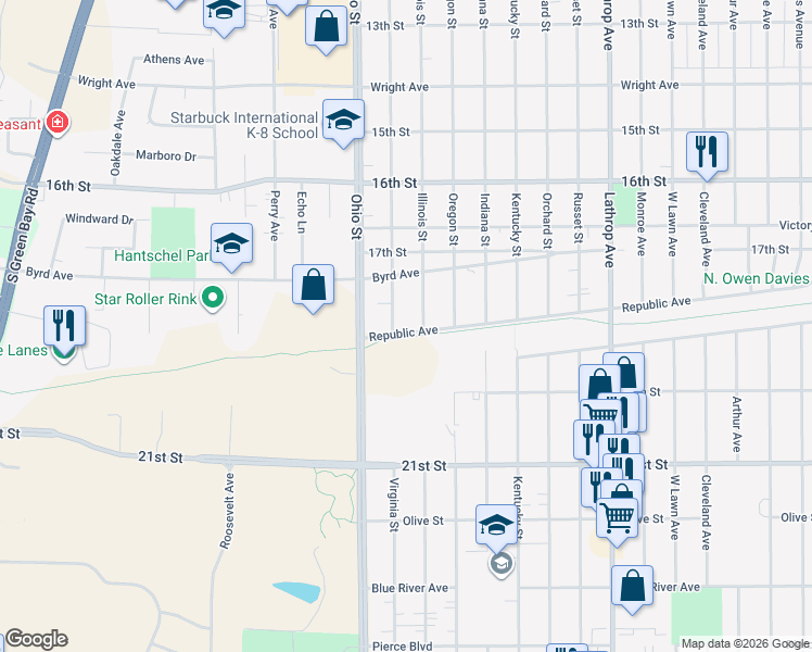 map of restaurants, bars, coffee shops, grocery stores, and more near 4514 Republic Avenue in Racine