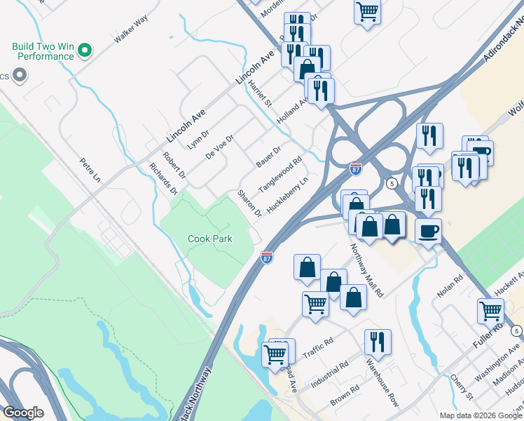 map of restaurants, bars, coffee shops, grocery stores, and more near 29 Huckleberry Lane in Colonie