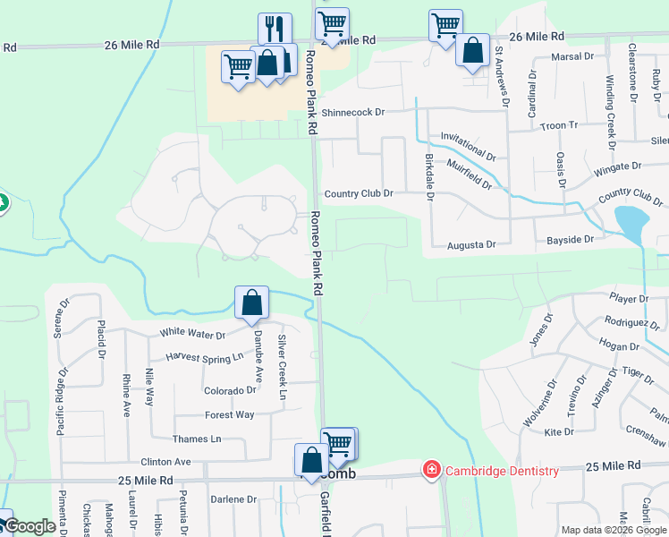 map of restaurants, bars, coffee shops, grocery stores, and more near 55960 Romeo Plank Rd in Macomb