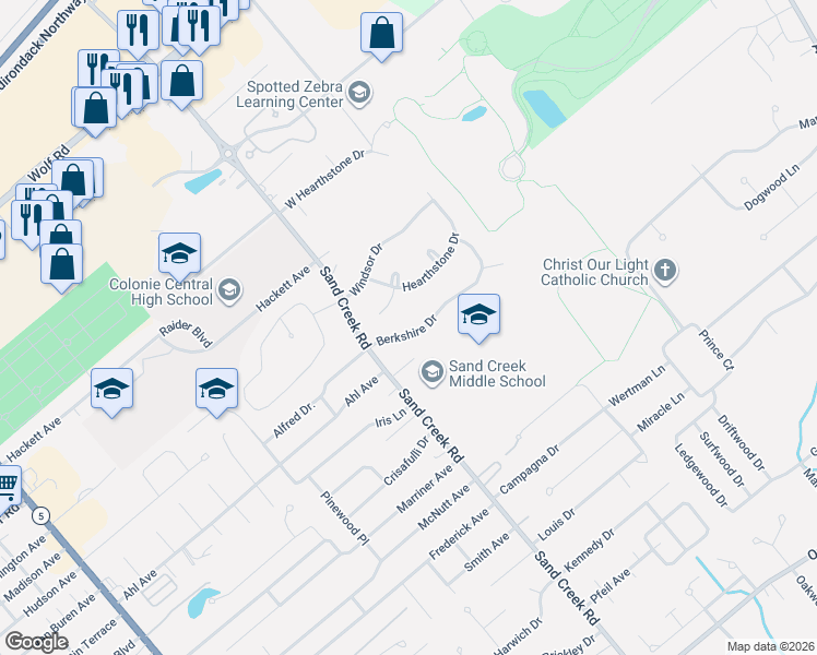 map of restaurants, bars, coffee shops, grocery stores, and more near 31 Berkshire Drive in Albany