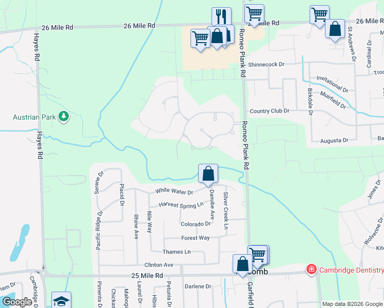 map of restaurants, bars, coffee shops, grocery stores, and more near 16238 Via Mera in Macomb