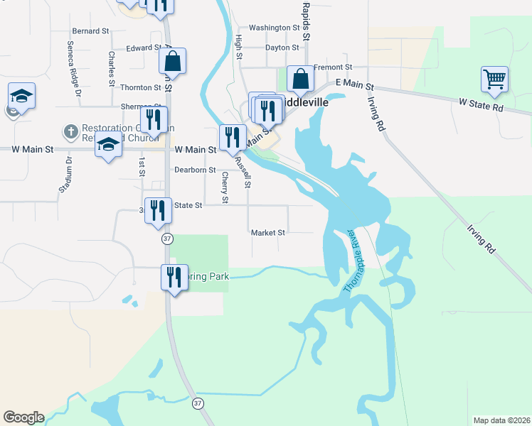 map of restaurants, bars, coffee shops, grocery stores, and more near 41 State Street in Middleville