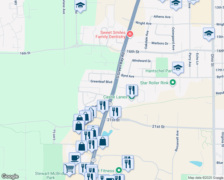 map of restaurants, bars, coffee shops, grocery stores, and more near 1922 South Green Bay Road in Mount Pleasant