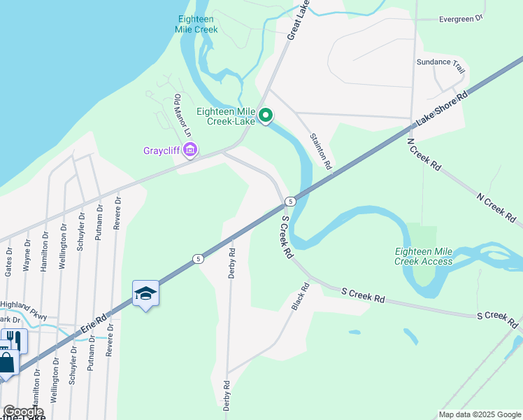 map of restaurants, bars, coffee shops, grocery stores, and more near 6624 Erie Road in Derby