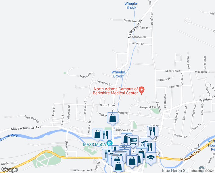 map of restaurants, bars, coffee shops, grocery stores, and more near 28 Frederick Street in North Adams