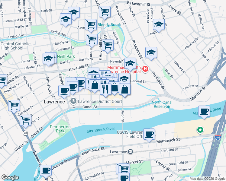 map of restaurants, bars, coffee shops, grocery stores, and more near 13 Newbury Street in Lawrence