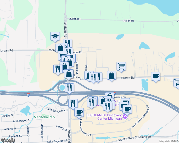 map of restaurants, bars, coffee shops, grocery stores, and more near 4942 Estes Drive in Lake Orion