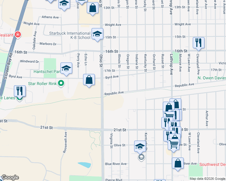 map of restaurants, bars, coffee shops, grocery stores, and more near 4514 Republic Avenue in Racine