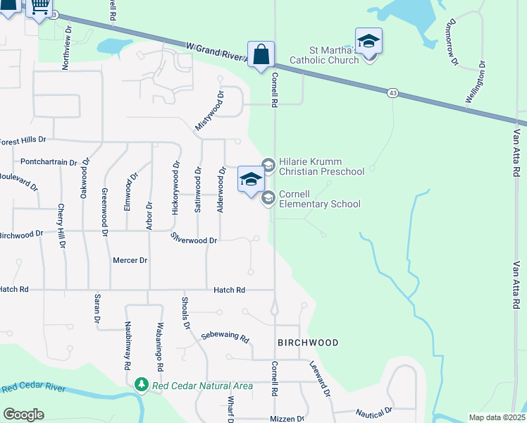 map of restaurants, bars, coffee shops, grocery stores, and more near 4371 Cornell Road in Meridian charter Township