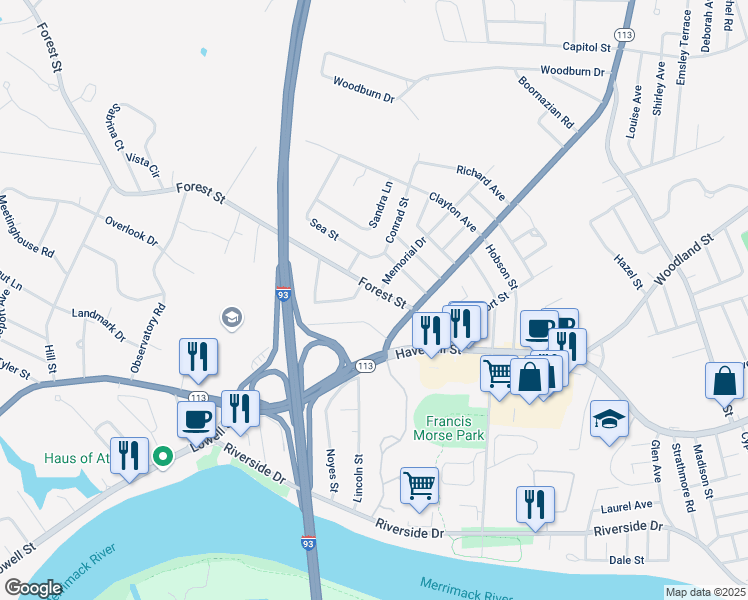 map of restaurants, bars, coffee shops, grocery stores, and more near 34 Forest Street in Methuen