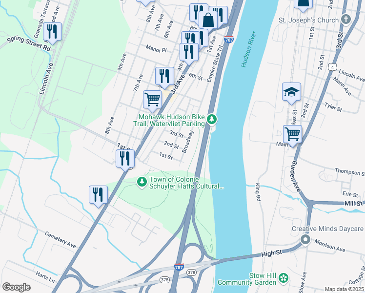 map of restaurants, bars, coffee shops, grocery stores, and more near 200 Broadway in Watervliet