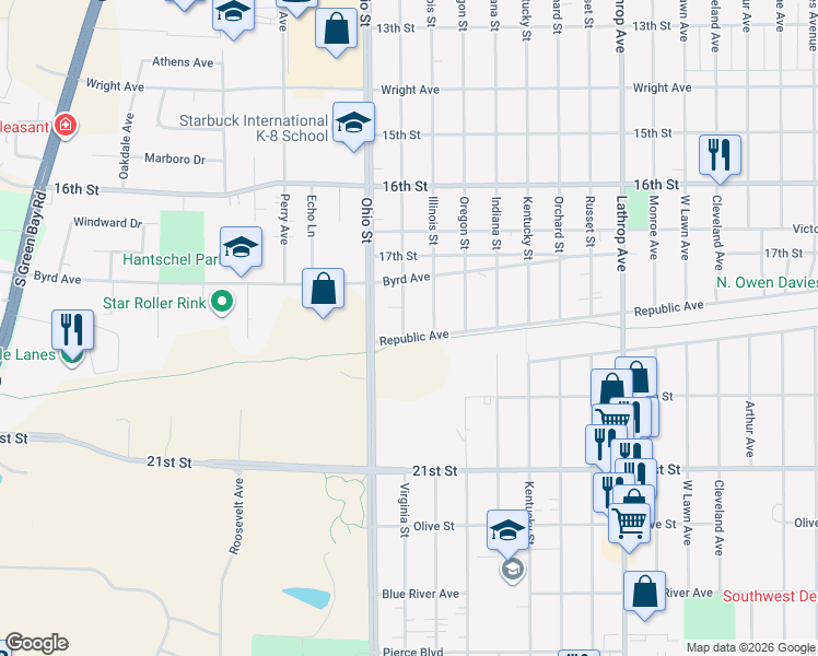 map of restaurants, bars, coffee shops, grocery stores, and more near 4514 Republic Avenue in Racine