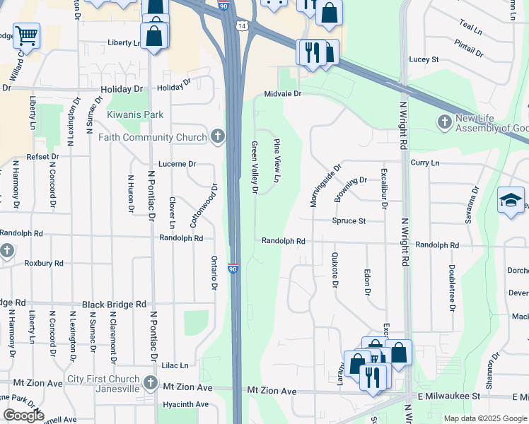 map of restaurants, bars, coffee shops, grocery stores, and more near 2031 Green Valley Drive in Janesville