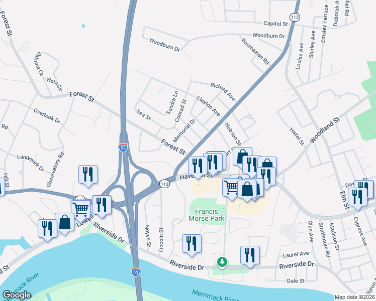 map of restaurants, bars, coffee shops, grocery stores, and more near 359 Lowell Street in Methuen