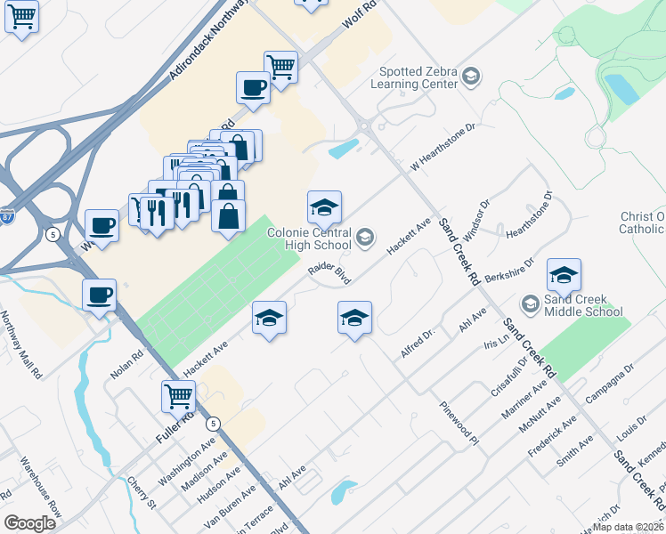 map of restaurants, bars, coffee shops, grocery stores, and more near Raider Boulevard in Albany