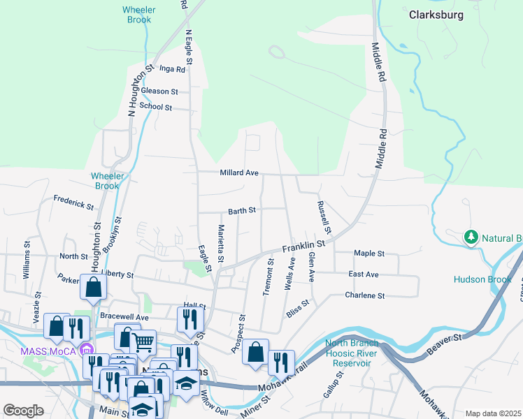 map of restaurants, bars, coffee shops, grocery stores, and more near 99 Northern Lights Ave in North Adams