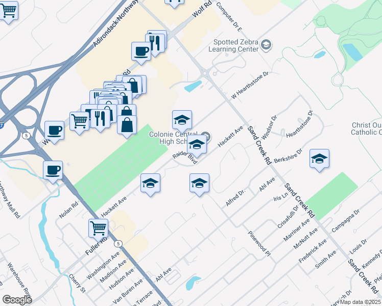 map of restaurants, bars, coffee shops, grocery stores, and more near 1 Raider Boulevard in Albany
